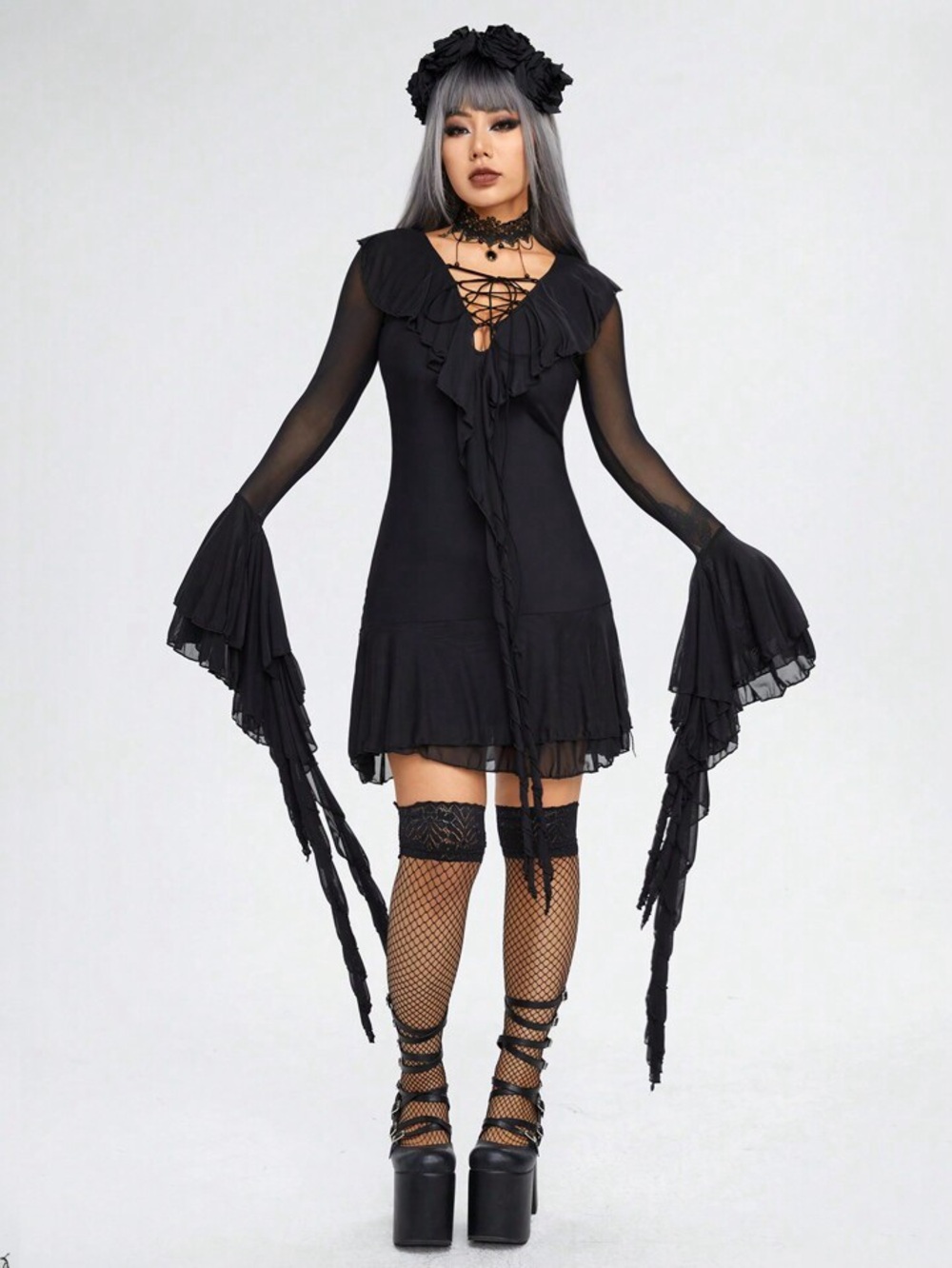 Goth Victorian Romantic Ruffle Lace-Up Witchy Dress